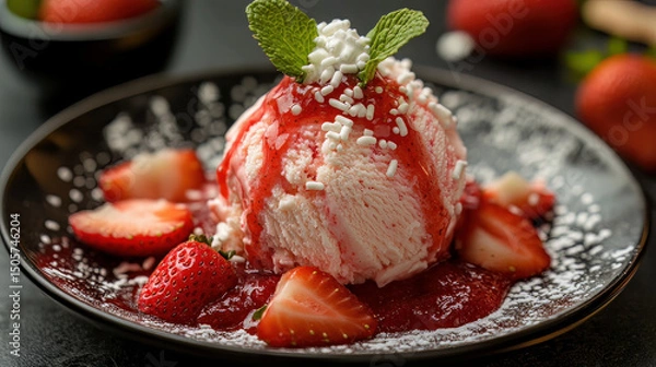 Fototapeta strawberry ice cream topped with mint and a tiny bit of whipped cream. Extra strawberries, strawberry sauce, and white sprinkles on top.