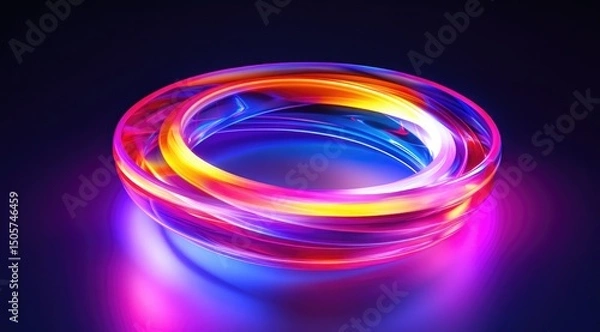 Fototapeta Vibrant, glowing, concentric rings of light, rendered in vivid hues of red, orange, yellow, and blue, rest on a dark, reflective surface