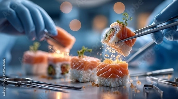 Fototapeta Surgical hands plating sushi with fish roe sparkles in clinical environment. Concept of food as precision science, molecular gastronomy, and surreal culinary art
