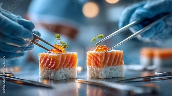 Fototapeta Sushi decorated with surgical precision using tweezers in laboratory setting by gloved hands. Concept of food science, gourmet perfection, and surreal culinary innovation