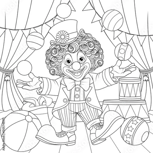 Fototapeta Vector illustration, clown in the circus juggles balls, coloring