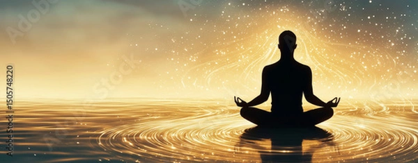 Obraz Serene silhouette of person meditating over tranquil water surface, surrounded by glowing aura and gentle light reflections, evokes peace