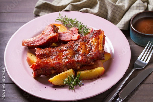 Fototapeta Roasted rack of pork ribs with apples on a plate and brown wood background
