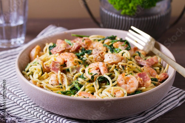 Fototapeta Prawn and bacon pasta with spinach. Spaghetti