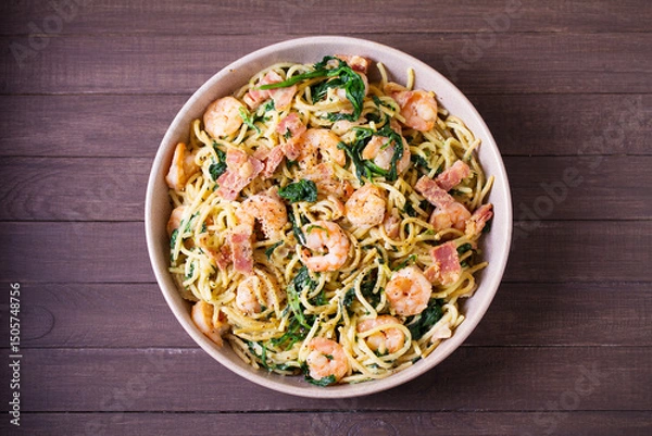 Fototapeta Prawn and bacon pasta with spinach. Spaghetti. View from above, top view
