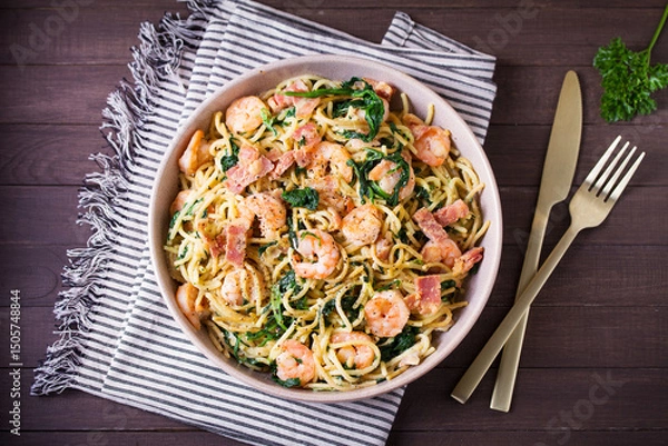 Fototapeta Prawn and bacon pasta with spinach. Spaghetti. View from above, top view