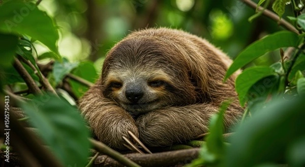Fototapeta Adorable Sloth Resting Serene in Lush Rainforest Canopy Peaceful Wildlife Scene
