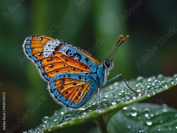Fototapeta Macro Photograph of a Vibrant Butterfly with Bright Orange and Blue Wings Covered in Dew on Leaf