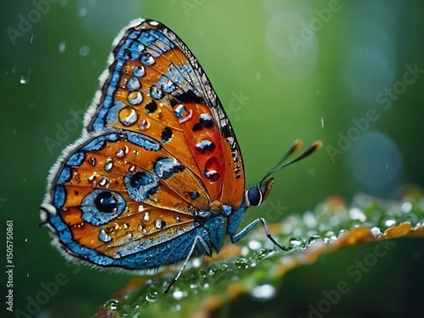 Fototapeta Macro Photograph of a Vibrant Butterfly with Bright Orange and Blue Wings Covered in Dew on Leaf
