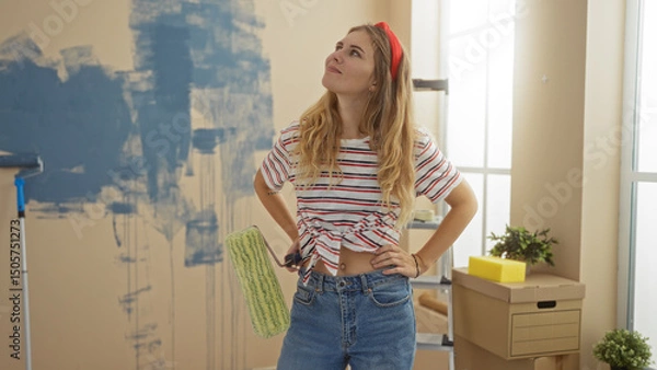 Fototapeta Young woman painting wall in new home living room, holding roller brush, expressing creativity and satisfaction in comfortable casual wear with unpacked boxes around.