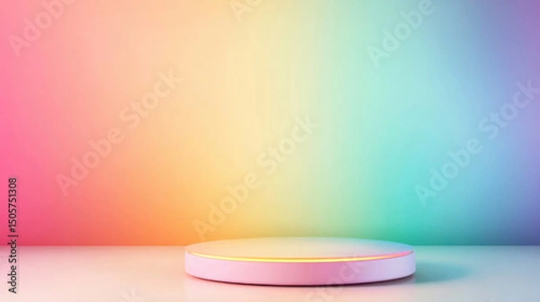 Fototapeta Sleek circular podium with pastel pride flag theme, featuring soft gradient colors creating serene and inclusive atmosphere. Perfect for showcasing products