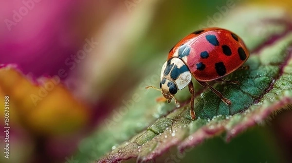 Fototapeta A vivid close-up of a ladybug crawling on a green leaf, showcasing its shiny red shell with black spots and delicate legs in sharp macro detail.