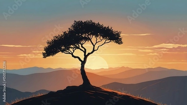 Fototapeta Minimalist Vector Illustration of a Single Tree on a Mountain at Sunset Ai