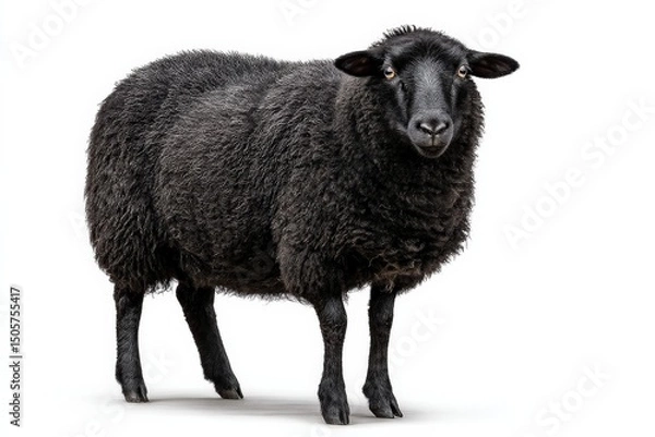 Fototapeta A striking black sheep stands against a white background. Its wool is thick and dark, and its gaze is direct.