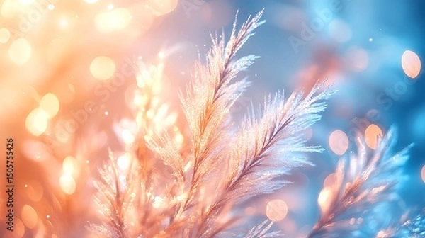 Fototapeta Artistic close-up of frosted glass pane, light feathered frost patterns, blurred pastel blue and golden lights glowing from behind, magical atmosphere. Created Using: Wide-angle macro lens,