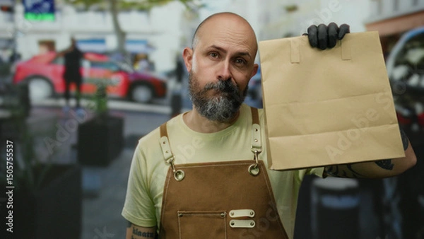 Fototapeta Man with beard holding paper bag on city street wearing apron and gloves surrounded by urban environment conveying delivery or courier work.