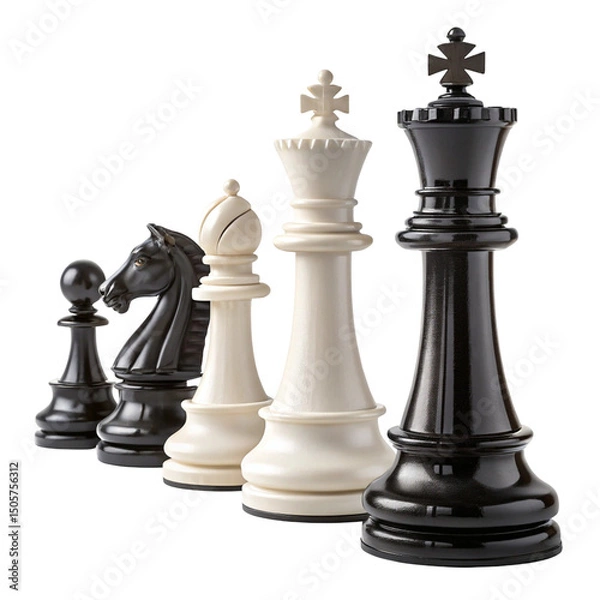 Fototapeta Black and white chess pieces on a board, symbolizing game strategy and competition