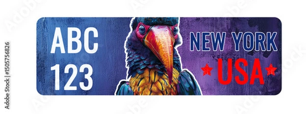 Fototapeta A New York license plate with vibrant toucan bird on purple background
