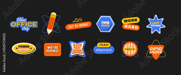 Obraz 12 Trendy office-themed sticker collection with bold typography and playful shapes. Trendy retro y2k emblems and labels. Fun retro vector elements for social media.
