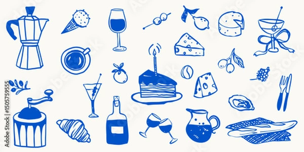 Fototapeta Birthday food dinner cafe icon doodle hand drawn illustration branding vector illustration set. Drink promotion beverage banner flyer menu collection in simple sketchy whimsical retro style