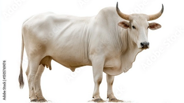 Fototapeta A majestic white bull stands against a stark white background, showcasing its imposing stature and serene demeanor.