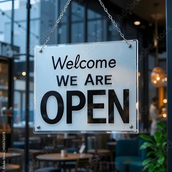Fototapeta Hanging business sign displays a welcoming message in a cafe-style establishment, modern design.