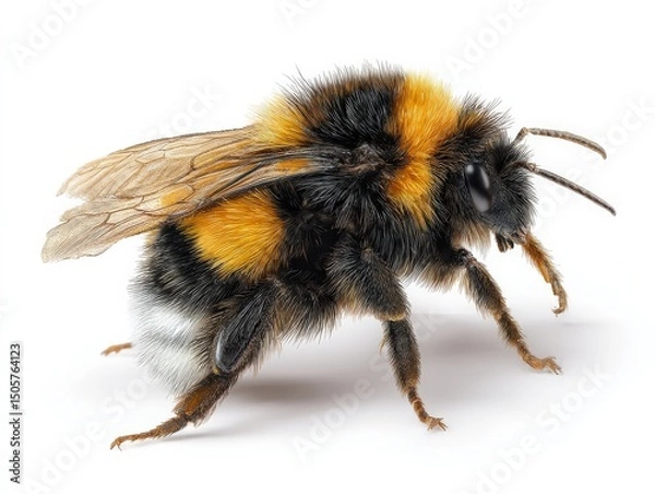 Fototapeta Close-up of a fuzzy bumblebee with visible pollen baskets.  Nature's beauty.