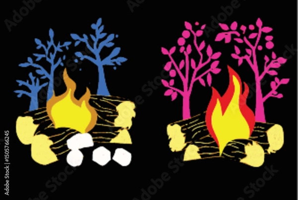 Fototapeta Colorful Fireplace Illustration with Trees and Flames on Black Background