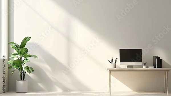 Fototapeta Modern home office with a desk, computer, and plants, minimal decor and empty wall space for copy.