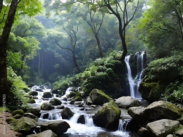 Obraz Waterfall flows over mossy rocks in a lush green forest, creating a peaceful and picturesque natural scene.