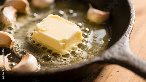 Fototapeta Melting Butter and Garlic in Cast Iron Skillet Close-Up
