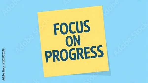 Fototapeta A yellow sticky note with the words focus on progress in blue on a light blue background