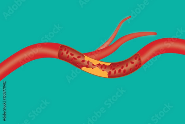 Obraz Clogged artery with cholesterol plaque and red blood cells, cardiovascular health issue.