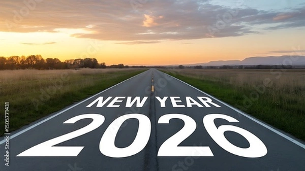 Fototapeta A road stretches into the distance with new year written on the asphalt surface