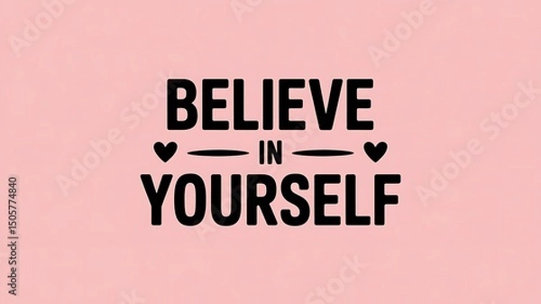 Fototapeta Believe in yourself text with hearts and lines on a light pink background image
