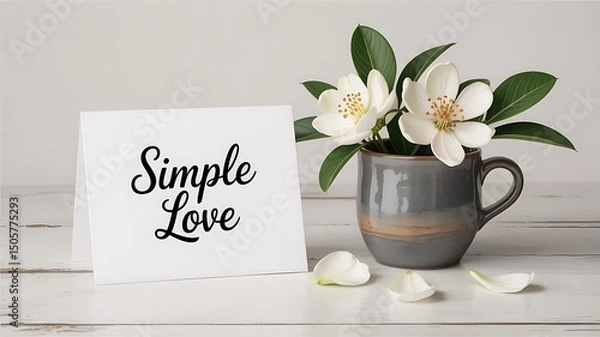 Fototapeta A card with simple love text and flowers in a cup on a white wooden surface top view