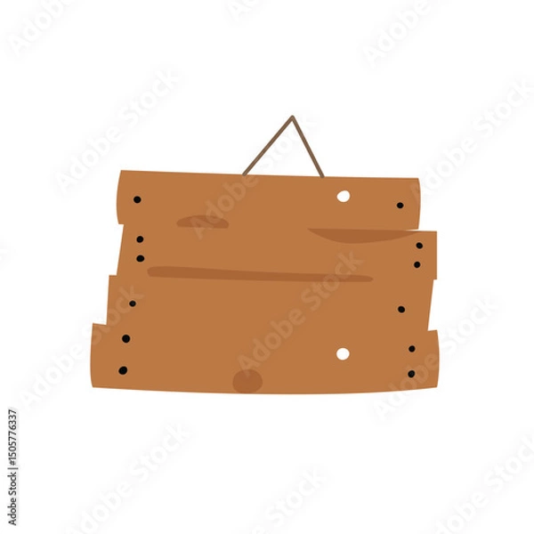 Obraz Rustic wooden signboard with hanging rope, isolated on white background, cartoon illustration