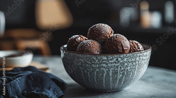 Fototapeta On the table are homemade chocolate ice cream balls in a cream basin.