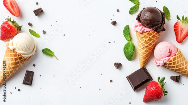 Fototapeta An variety of ice cream cones set on a white backdrop. Waffle cones with dark chocolate, mint, and strawberry.