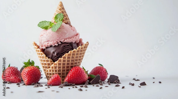 Fototapeta An variety of ice cream cones set on a white backdrop. Waffle cones with dark chocolate, mint, and strawberry.