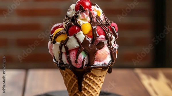 Fototapeta Cones and cup cones of ice cream, strawberry, cherry, sherbet, cream, and vanilla, covered with chocolate sauce and colourful chocolate candies.