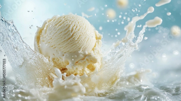 Fototapeta A scoop or ball of vanilla ice cream with a splash that floats and flies