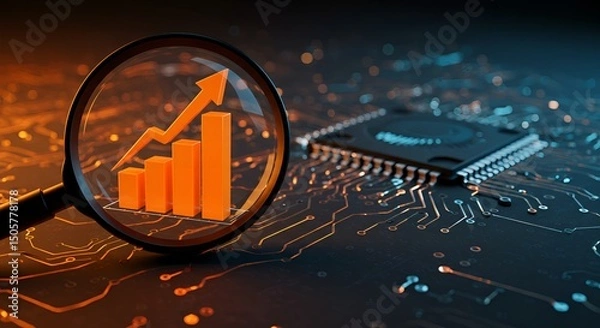 Fototapeta Magnifying glass highlights business growth chart with upward trend. AI analysis financial success stock increase profit investment statistic performance market economy improvement