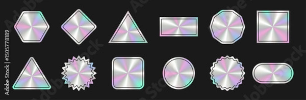 Obraz Сollection of metallic holographic stickers with iridescent pastel gradients and black outlines for ui badges, decorative labels.