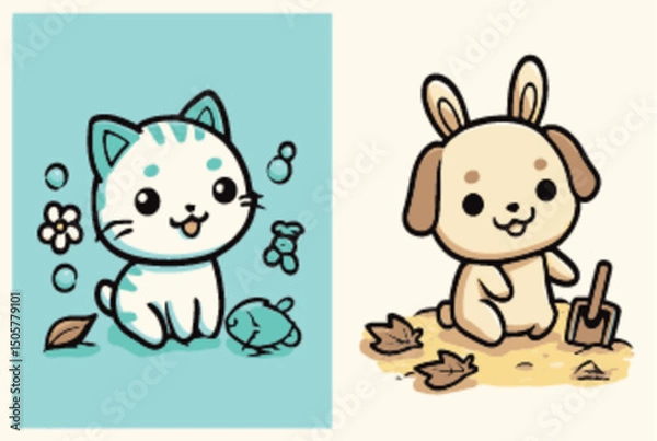 Fototapeta Cute Animal Characters with Cat and Bunny in Fun Style Illustration