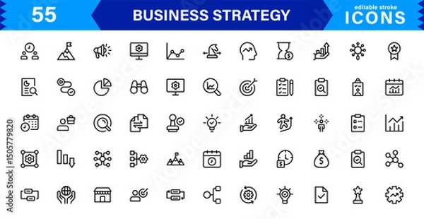 Fototapeta Professional Business Strategy Icon Set Featuring Planning, Analysis, Goals, Innovation, and Growth in a Clean Minimal Vector Style