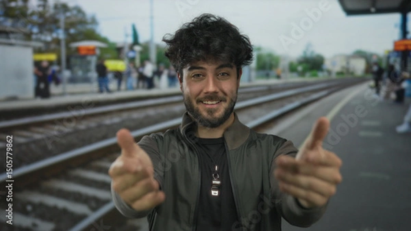 Fototapeta Smiling hispanic man with beard standing in outdoor train station pointing at camera with railway in background on a clear day.