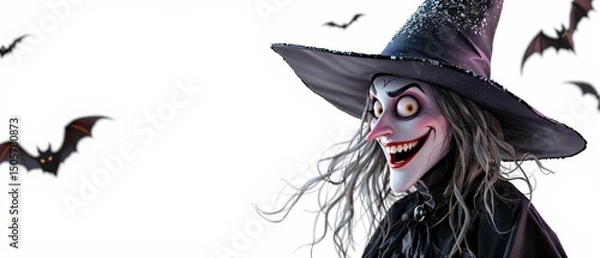 Fototapeta Sorcière effrayante avec chapeau pointu et chauves-souris sur fond blanc – Illustration Halloween”
