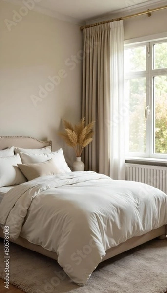 Fototapeta Serene maternity bedroom, featuring a neutral color palette, soft textiles, and natural light Perfect for a peaceful and relaxing atmosphere during pregnancy and postpartum , home, decor