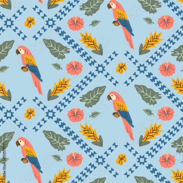 Fototapeta Seamless tropical pattern with colorful macaws, hibiscus flowers, palm leaves, and ethnic geometric elements on a light blue background.